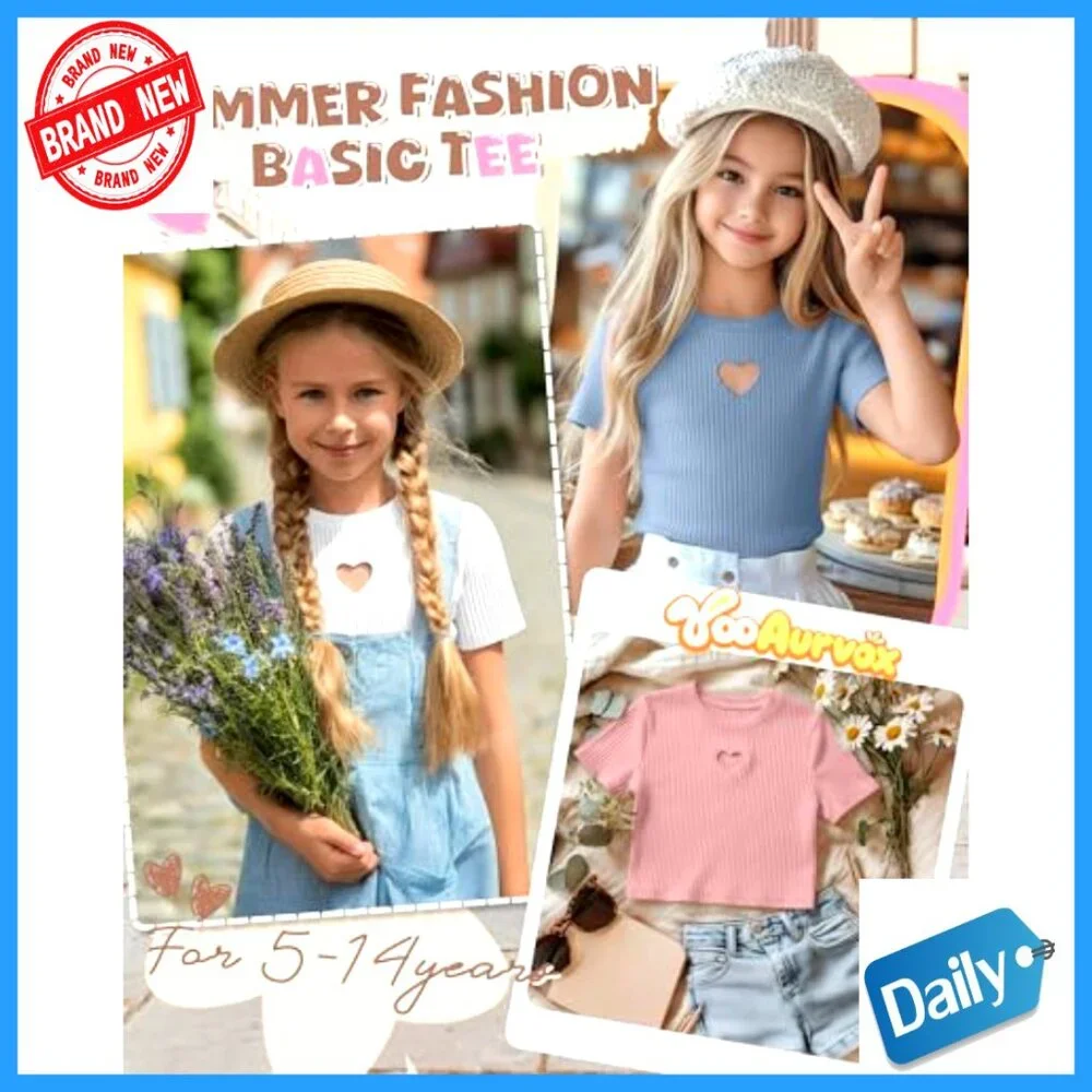 Girls' 3 Pack Cotton Ribbed Tees Slim Fit Heart Cutout Tops 5-14 Years